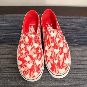 Vans Red Slip-On with White Heart Pattern